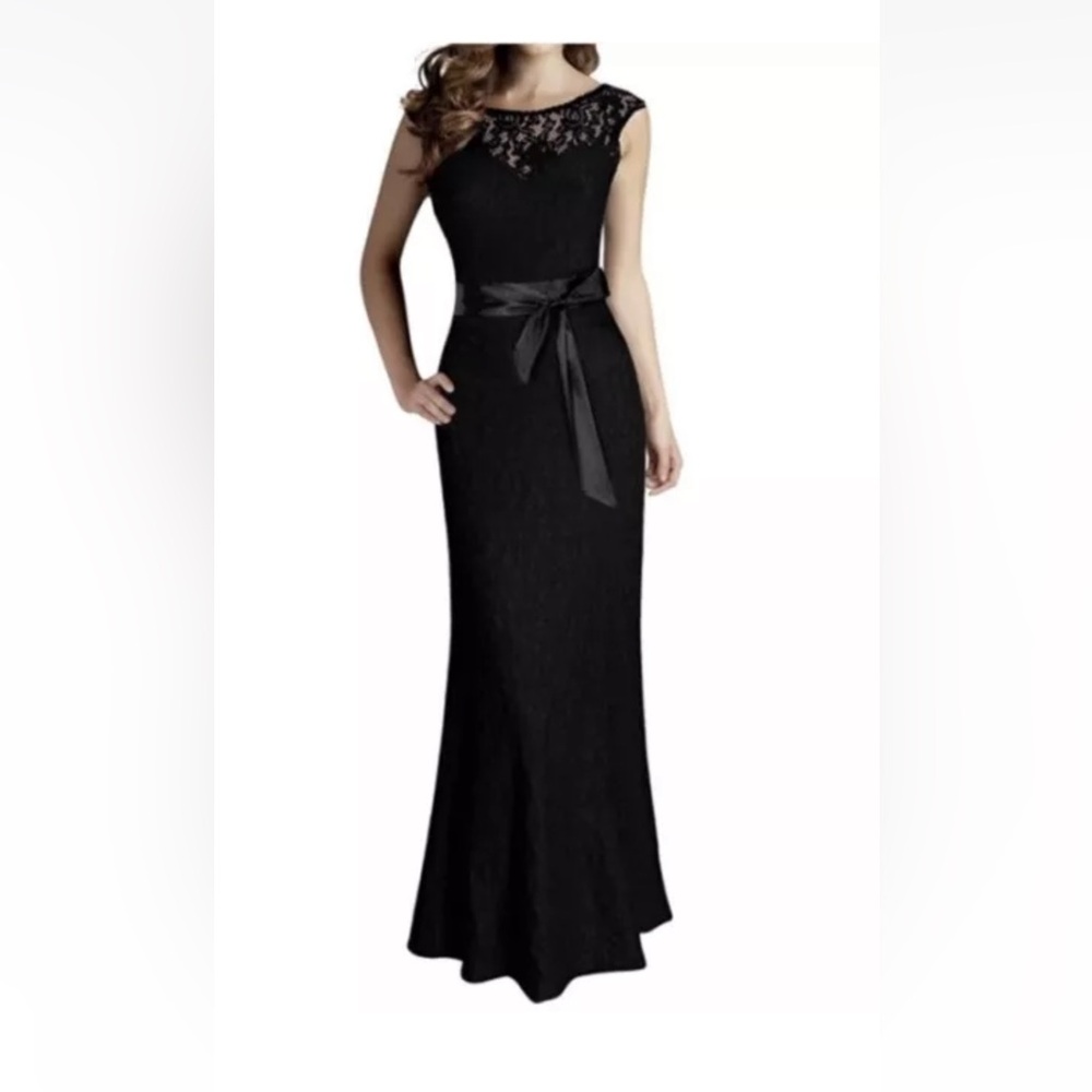 Designer Miusol Womens Long Black Lace Dress Ribbon On Waist Size S Solid Fitted